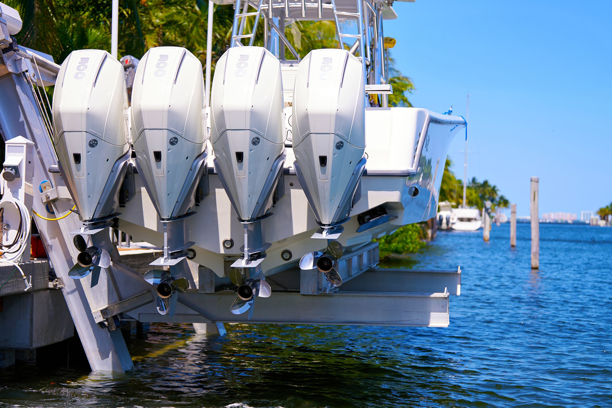 View of a boat on a lift from behind